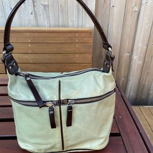 Leather Coccinelle handbag, pale blue with brown piping